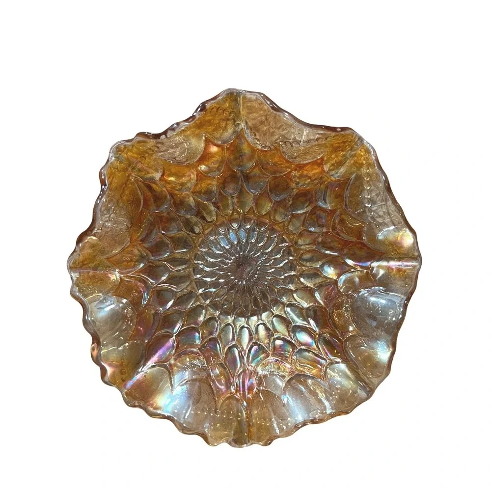 Vintage Fenton Marigold Carnival Glass Ruffled Bowl Peacock Tail Pattern 6